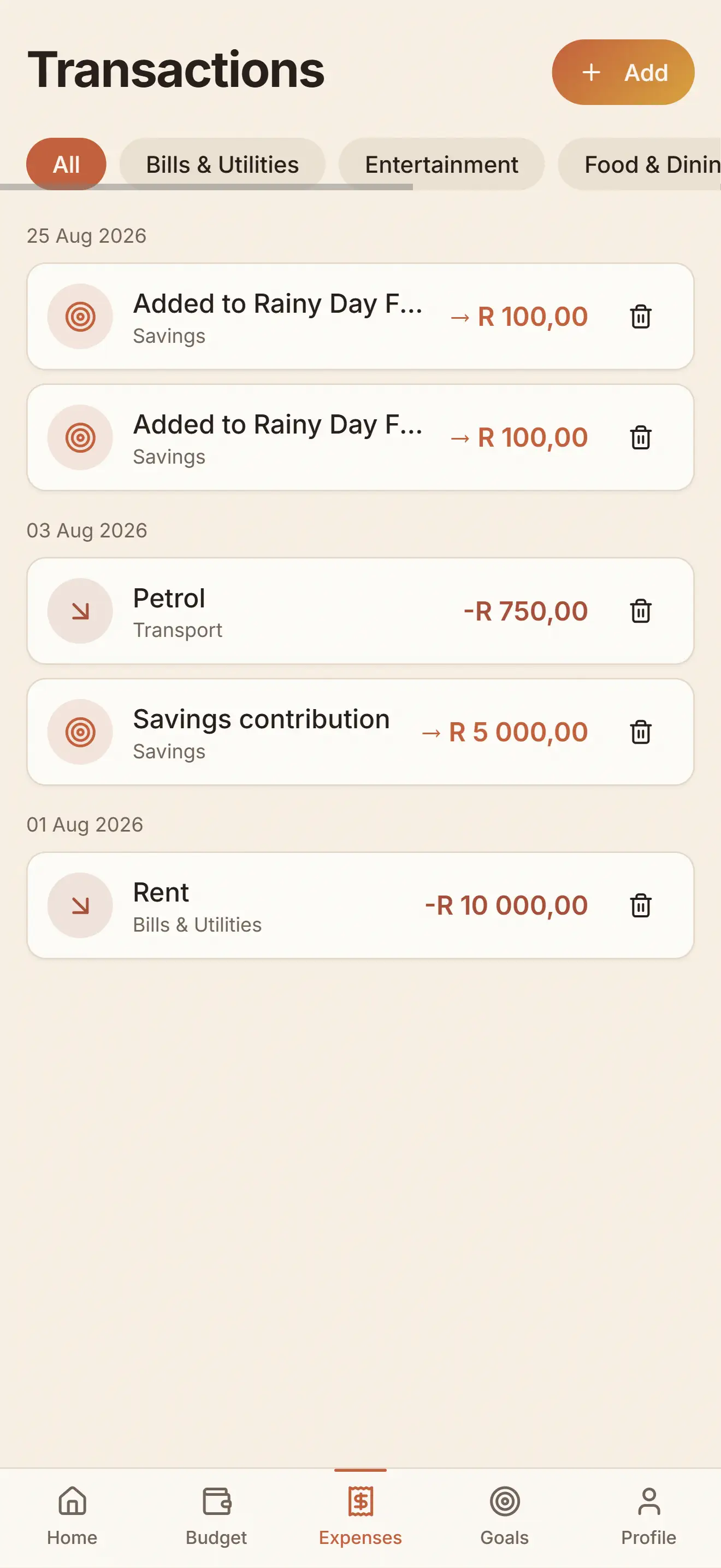 Crest transactions screen with a searchable list of categorized transactions